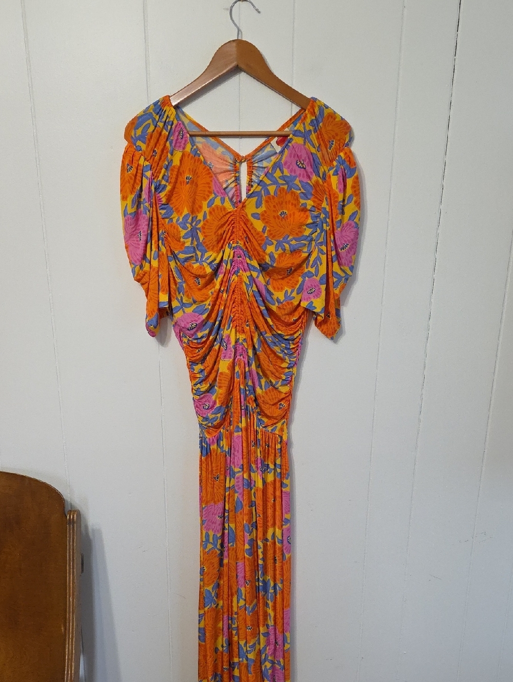 Farm Rio x Anthro Orange Pink Blue Floral Ruched Knit Maxi Dress Womens XL NEW! - Picture 4 of 13